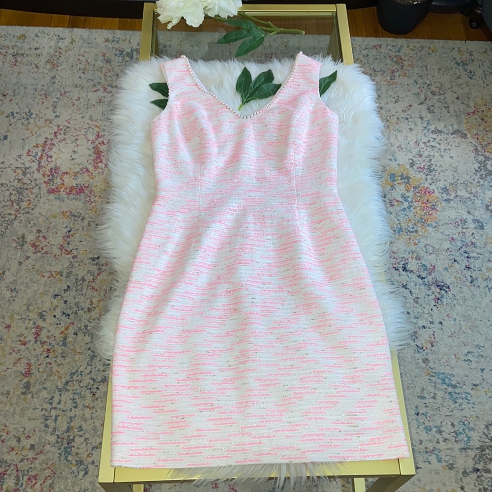 Lilly Pulitzer Pink Gold Tweed Pearl Accent V-Neck Mini Dress Size 6